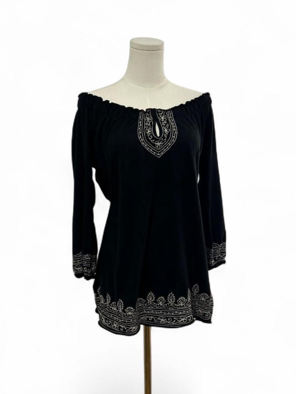 Lucky Brand Embroidered Boho Keyhole Peasant Off Shoulder Relaxed Blouse Small